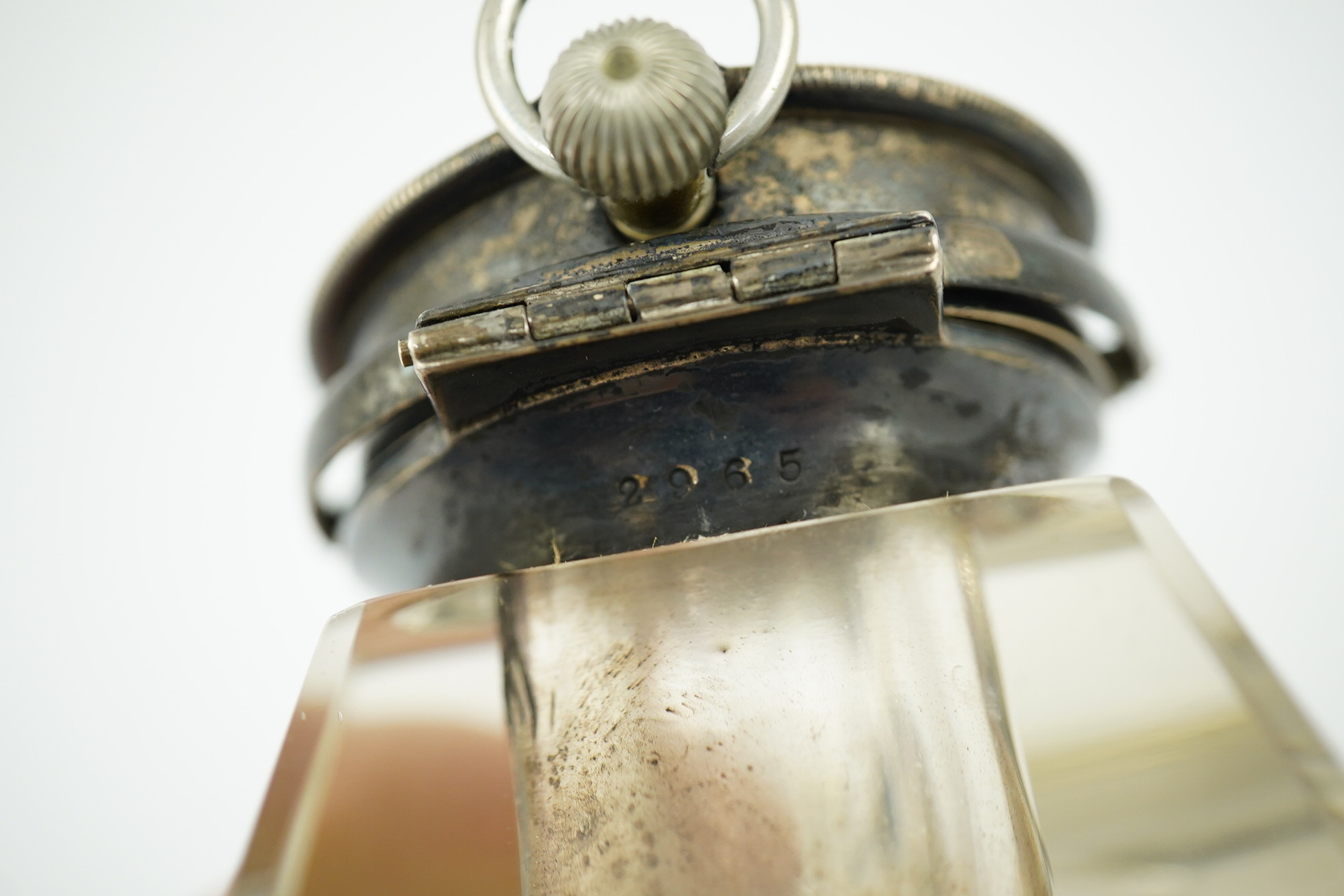 An Edwardian silver watch mounted glass inkwell, maker's mark rubbed